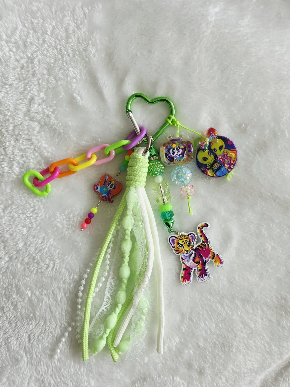 Lisa Frank Keychain 80s 90s Neon Green Tassel Vibrant Bag Charm